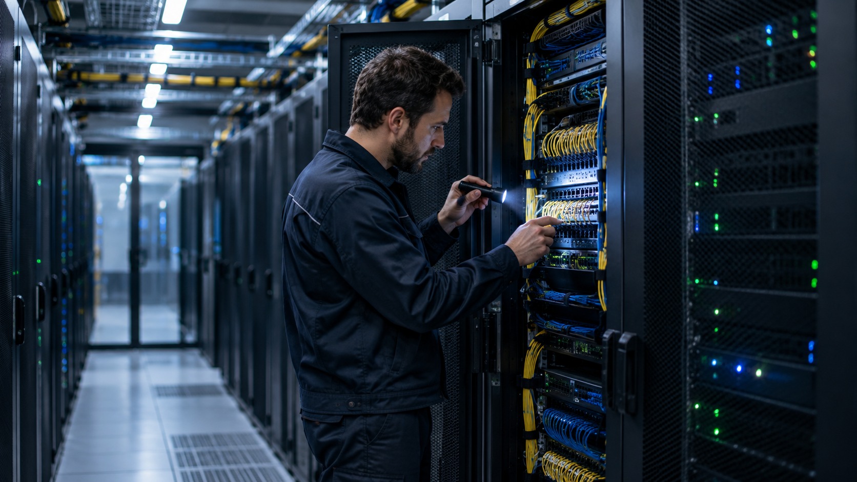 Technician working at a rack